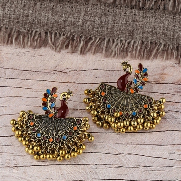Peacock Decor Ball Tassel Drop Earrings - Picture 2 of 4